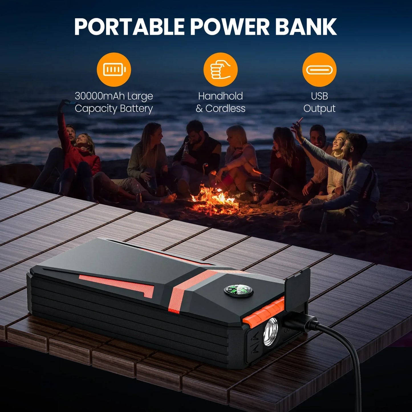 30000mAh Car Jump Starter Portable Power Bank Start-up 12V Charger Battery Emergency Auto Starting Device Booster